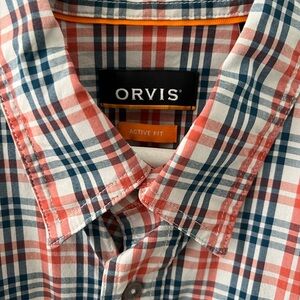 Orvis Men's Plaid Shirt - Orange and Navy Active fit
